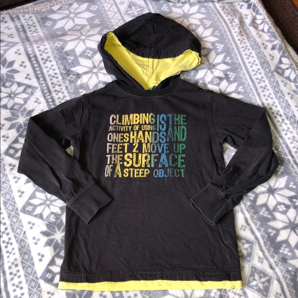 Zara Black Hooded Long Sleeve Tee with Yellow Lining and Multicolor Graphic